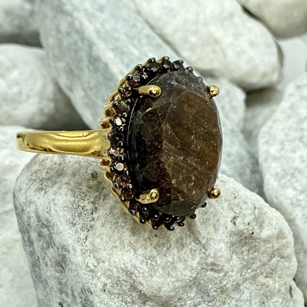 Zawadi Chocolate Sapphire & Smoky Quartz Sunburst Ring 13.30 ctw 18K Vermeil 925